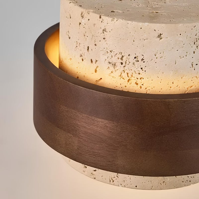 Suspension cylindrique en travertin et en bois